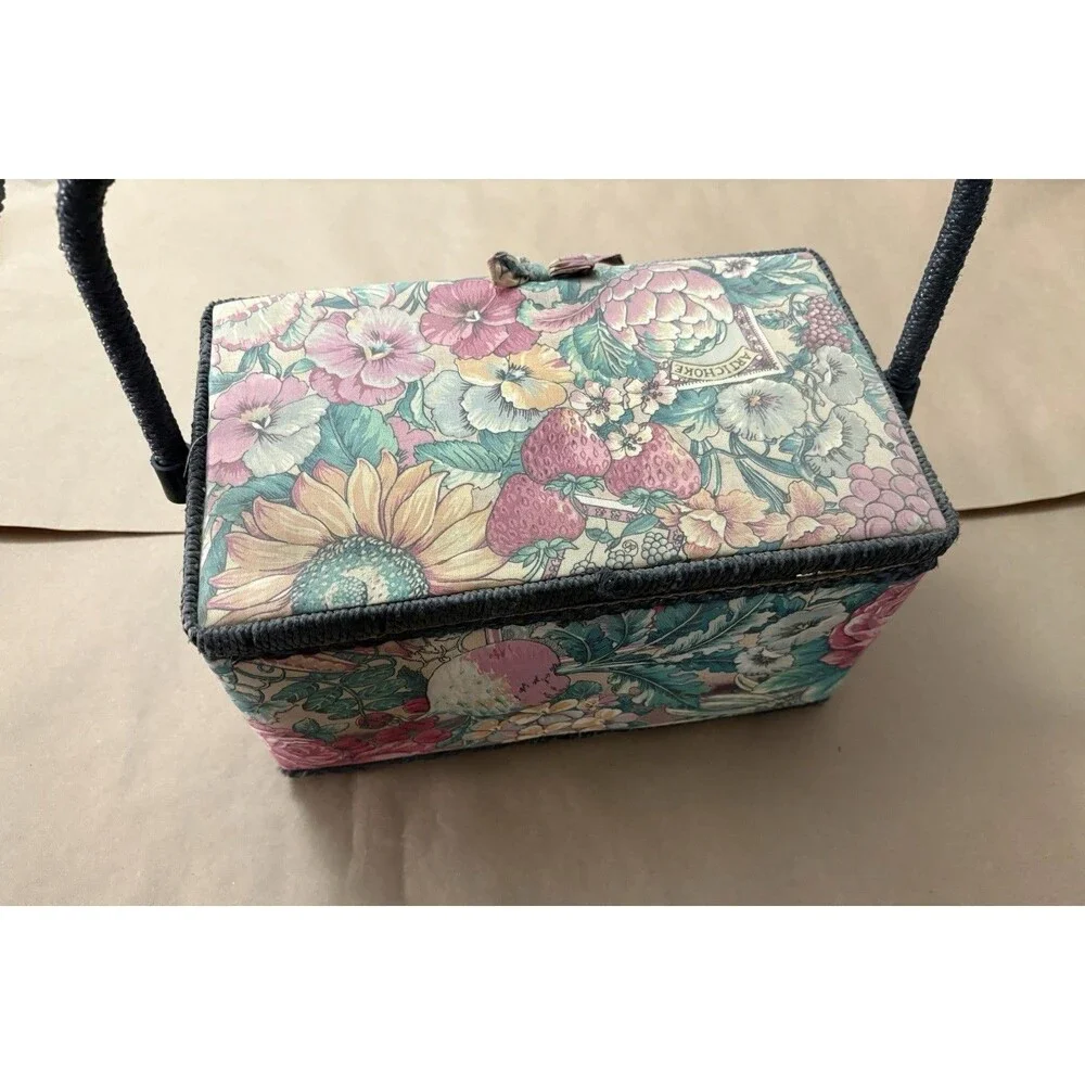Vintage Floral Sewing Box with Handle | Fabric Covered Sewing Basket